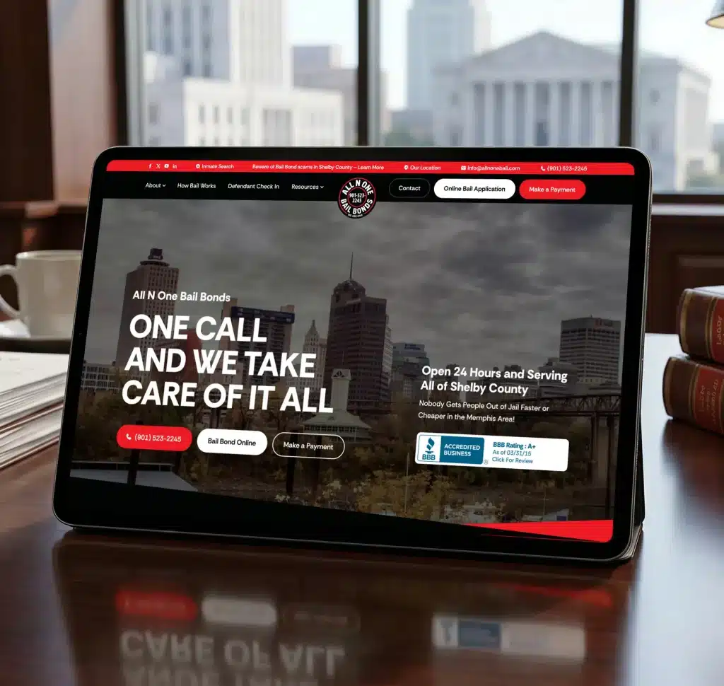 A tablet displays a bail bonds website with the text "ONE CALL AND WE TAKE CARE OF IT ALL."