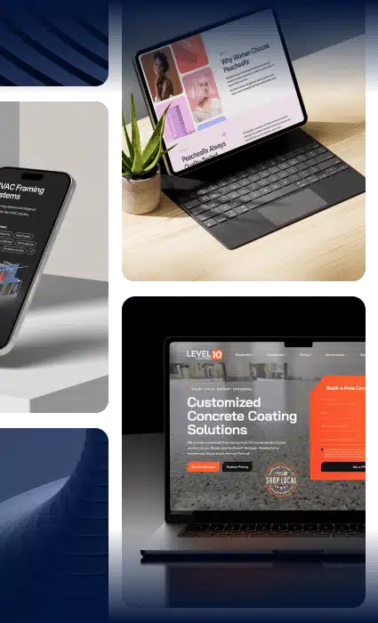 A phone, tablet, and laptop display different websites, including "Why Women Choose PeachesRx" and "Customized Concrete Coating Solutions."