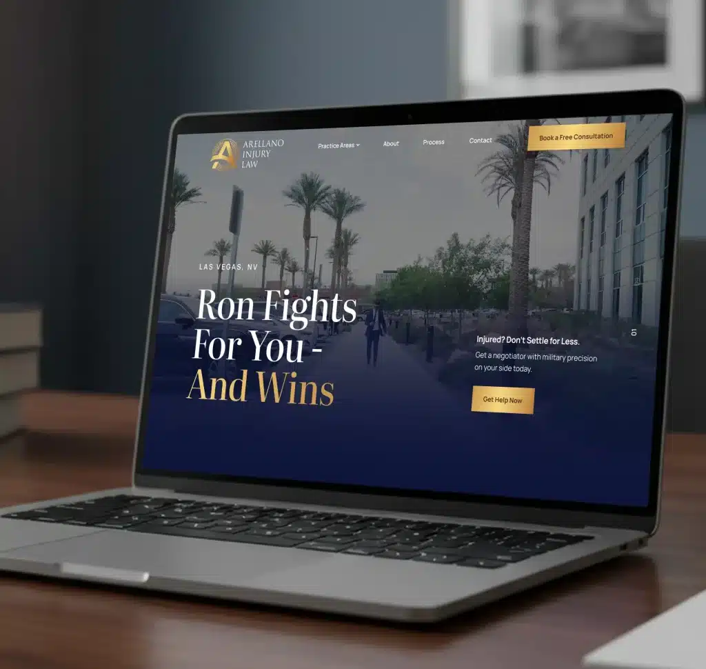 A laptop displays "ARELLANO INJURY LAW" and "Ron Fights For You - And Wins" over a street scene.