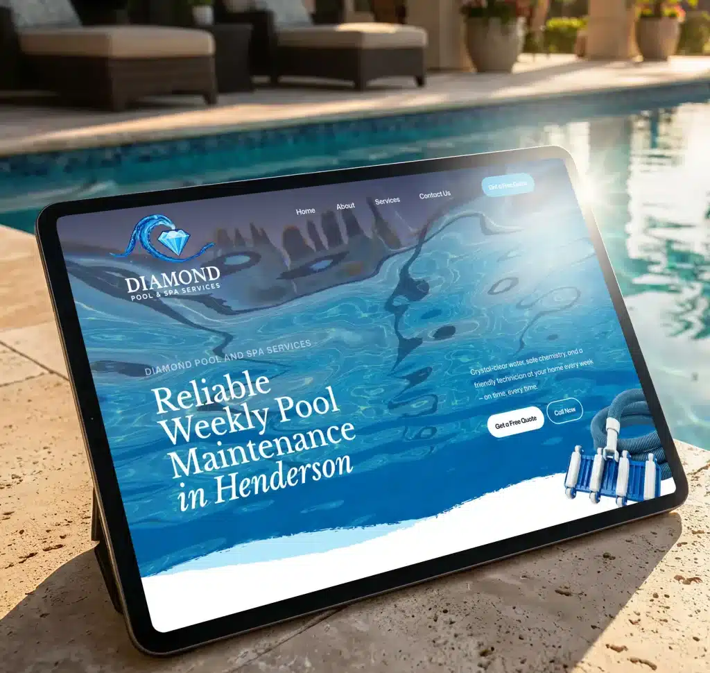 A tablet displays the "Diamond Pool & Spa Services" website with "Reliable Weekly Pool Maintenance in Henderson" by a pool.
