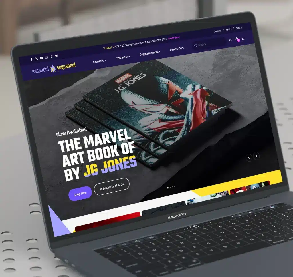 A MacBook Pro displays a website advertising "THE MARVEL ART BOOK OF BY JG JONES" with a comic book cover.
