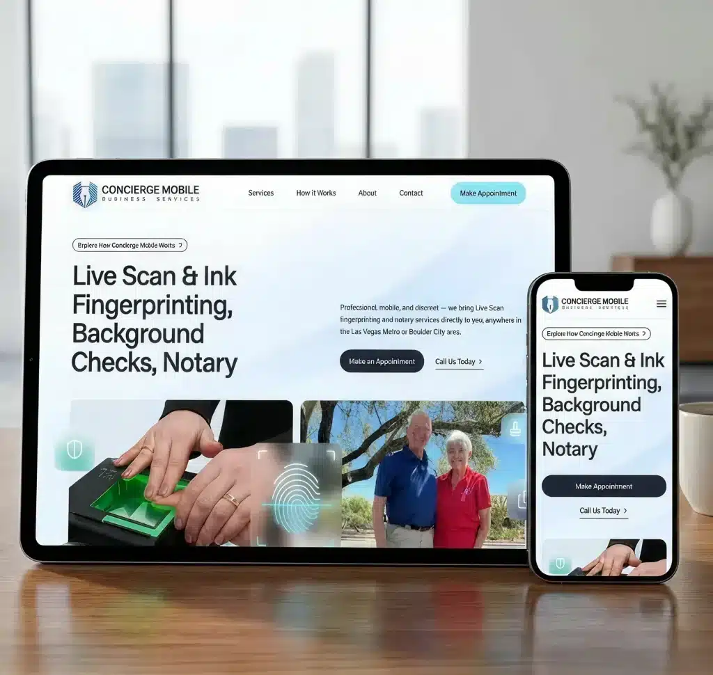 A tablet and phone display a website with "Live Scan & Ink Fingerprinting, Background Checks, Notary" prominently.