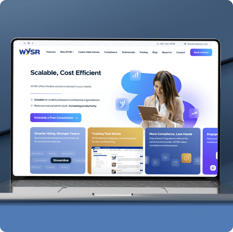 A laptop displays the WYSR website with "Scalable, Cost Efficient" and a woman holding a tablet.