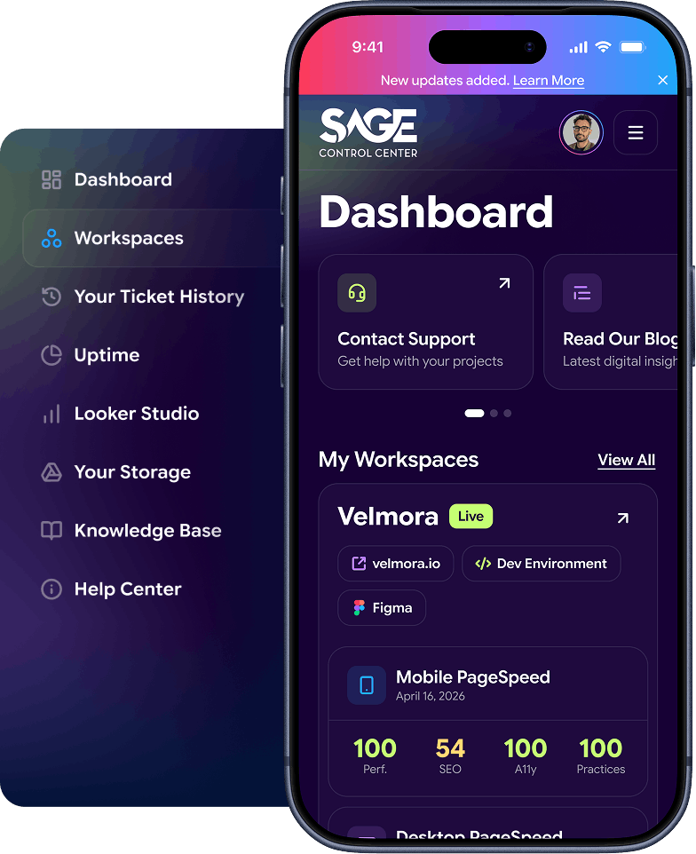 A smartphone displaying a "SAGE CONTROL CENTER" dashboard with "Workspaces" selected on a dark purple background.