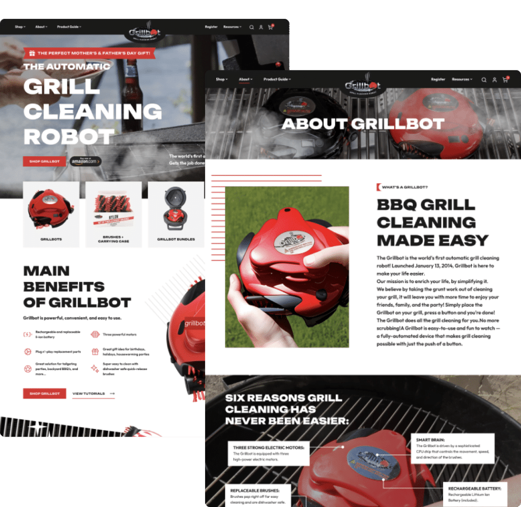 A collage of web pages for "Grillbot," a red automatic grill cleaning robot, showing product details.