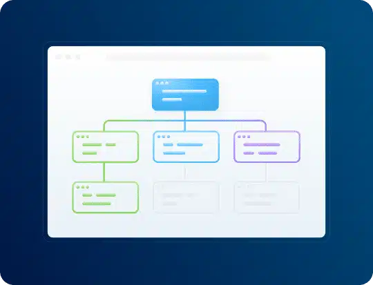 A white browser window displays a blue, green, and purple flowchart with connecting lines and text placeholders.