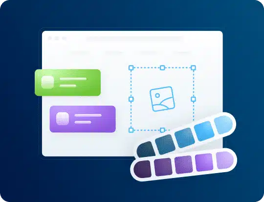 A white browser window displays a selected image icon, two text boxes, and two color palettes.