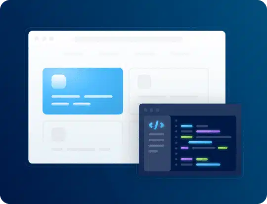 A white browser window with blue and gray cards, overlapping a dark window displaying colorful code.