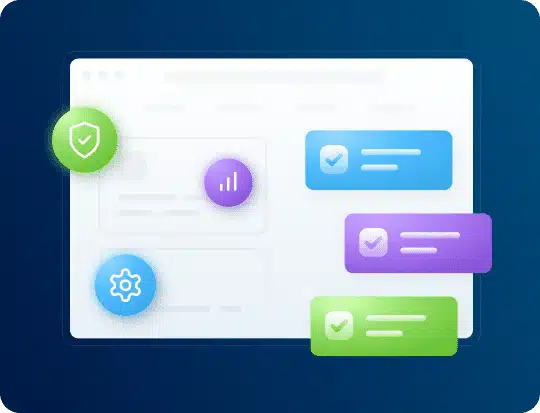 A white web browser window displays three colorful icons and three checklist items on a dark blue background.