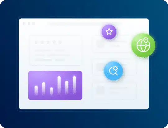 A white browser window displays a bar chart, star ratings, and three floating icons: a star, a globe, and a magnifying glass with a gear.
