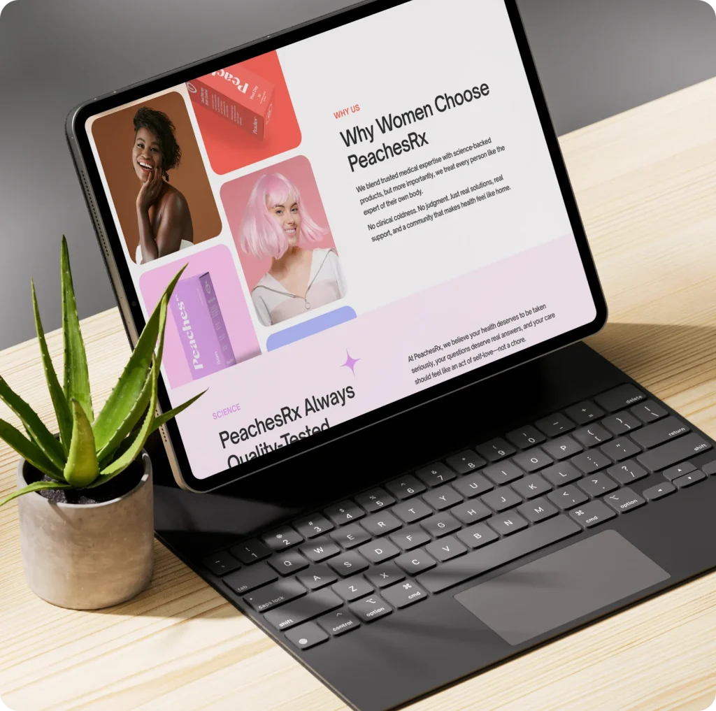 A black tablet displays the "Why Women Choose PeachesRx" webpage, with a small potted aloe plant nearby.