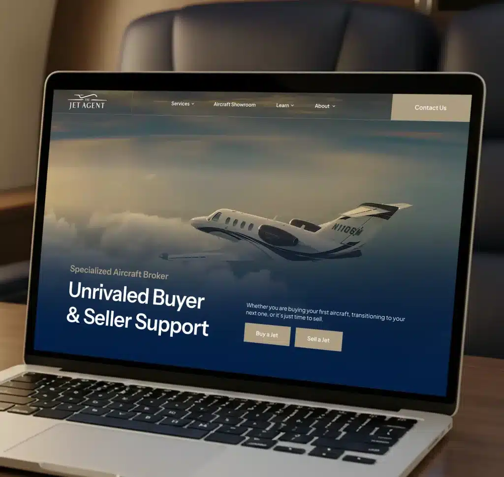 A laptop screen displays the "Jet Agent" website with a jet flying above clouds and text "Unrivaled Buyer & Seller Support".
