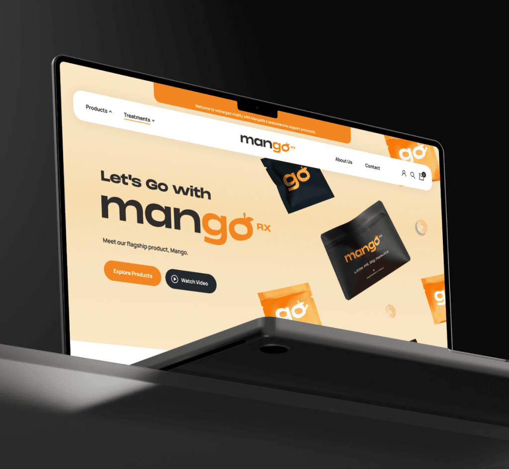 A laptop displays the "mango RX" website with text "Let's Go with mango RX" and product pouches.