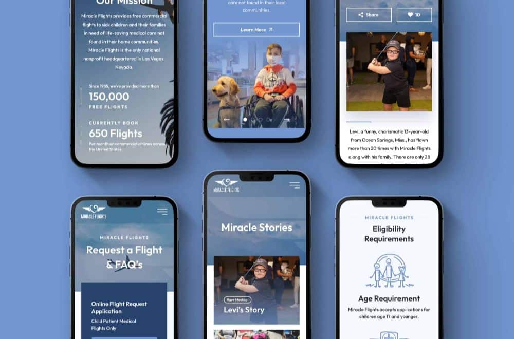 Six iPhones display the "Miracle Flights" website, showing "Our Mission," "Miracle Stories," and "Eligibility Requirements."