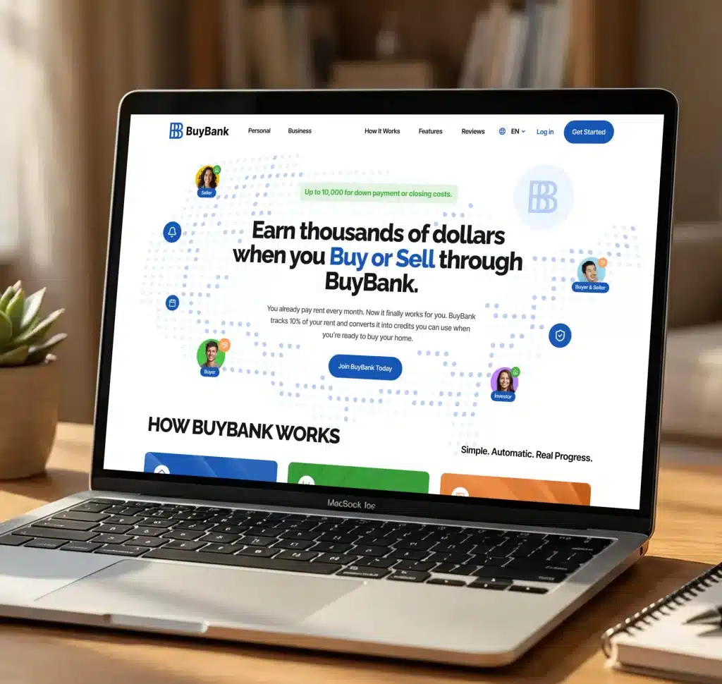A silver MacBook displays the BuyBank website with "Earn thousands of dollars when you Buy or Sell through BuyBank."