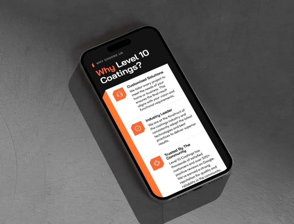 A black smartphone displays a webpage titled "Why Level 10 Coatings?" with three orange-highlighted sections.