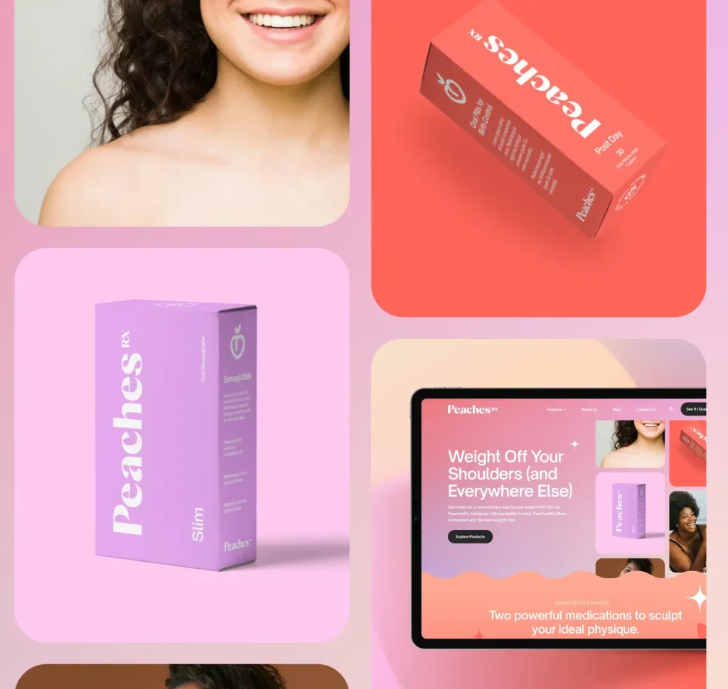 A collage shows a smiling woman, two "Peaches RX" boxes, and a tablet displaying the "Peaches RX" website.
