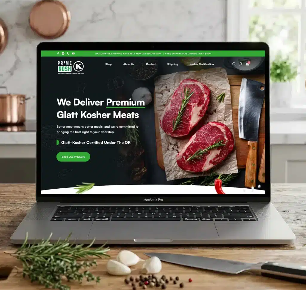 A MacBook Pro displays a website with "We Deliver Premium Glatt Kosher Meats" and two cuts of raw meat.