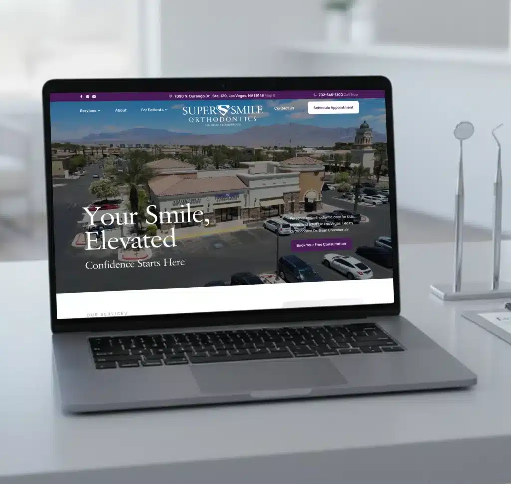 A laptop displays the "Super Smile Orthodontics" website with "Your Smile, Elevated" and dental tools nearby.