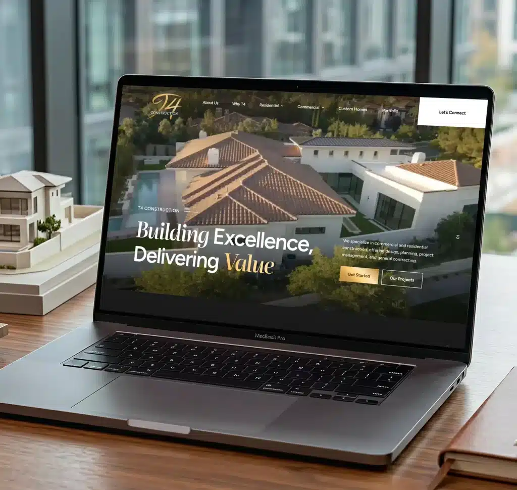 A MacBook Pro displays the T4 Construction website with "Building Excellence, Delivering Value" over a modern house.