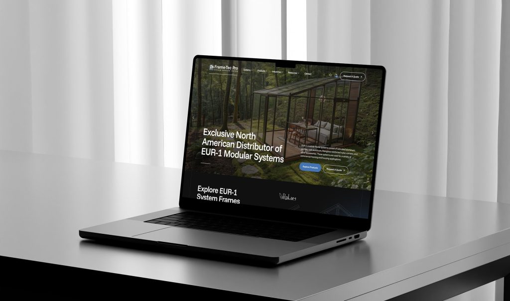 A laptop on a gray table displays a website with "Exclusive North American Distributor of EUR-1 Modular Systems."