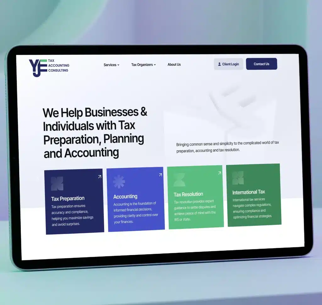 A tablet displays a website with "We Help Businesses & Individuals with Tax Preparation, Planning and Accounting."