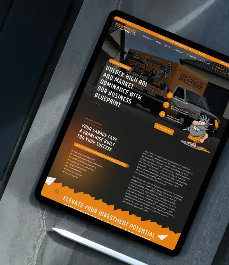 A tablet displays the "Garage Cave" website with text "UNLOCK HIGH ROI AND MARKET DOMINANCE WITH OUR BUSINESS BLUEPRINT."