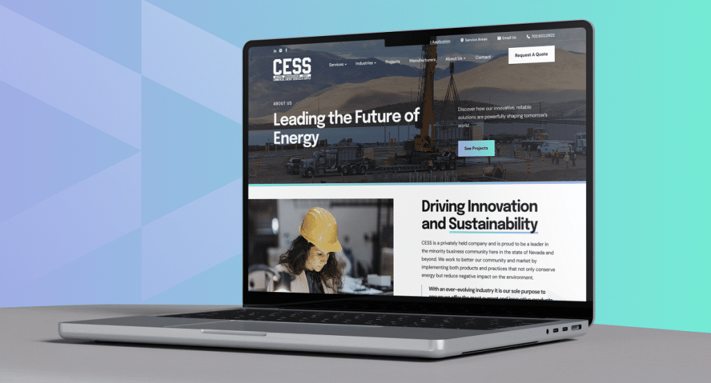A silver laptop displays a website with "CESS" logo and "Leading the Future of Energy" text.
