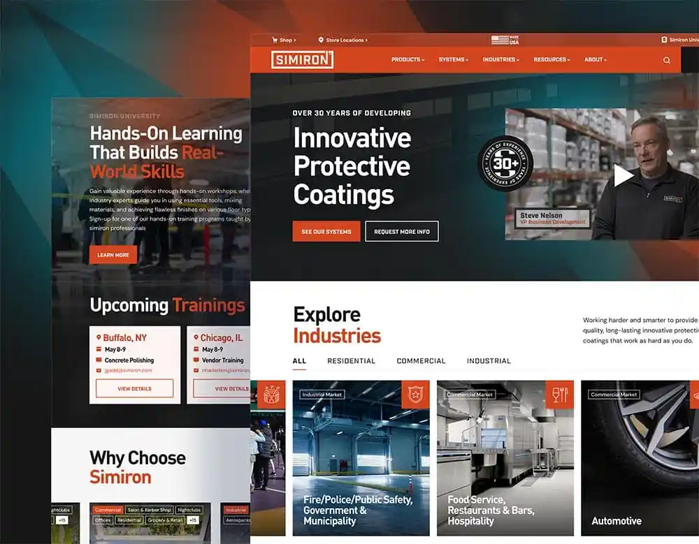 A website displaying "SIMIRON" and "Innovative Protective Coatings" with a video of Steve Nelson and "Explore Industries."