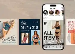 A smartphone displays a social media feed with a woman in a bikini and "ALL ITEMS Only $10."
