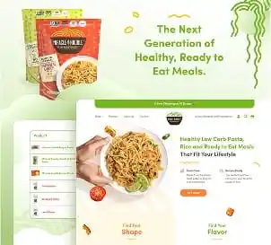 Two "Miracle Noodle" packages and a website displaying pasta with text "The Next Generation of Healthy, Ready to Eat Meals."