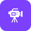 A white video camera icon with a lens, viewfinder, and screen sits on a tripod against a purple background.