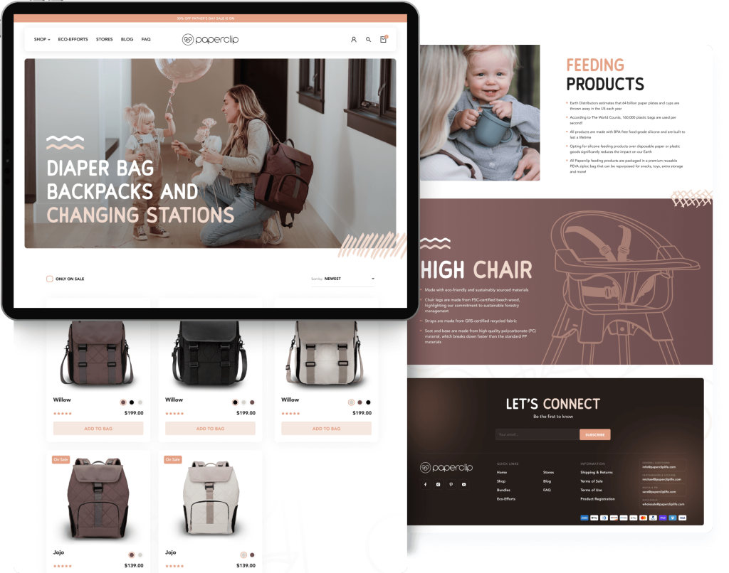 A tablet displays the "Paperclip" website with diaper bags, a mother and child, and "FEEDING PRODUCTS."