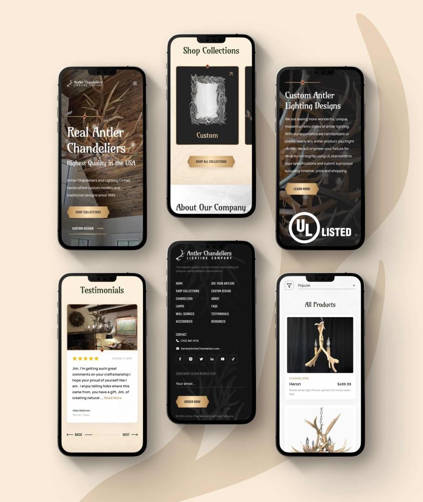 Six smartphones display a website for Antler Chandeliers, showing product pages, testimonials, and contact info.