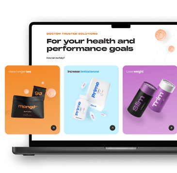 A laptop screen displays "For your health and performance goals" above three product cards for supplements.