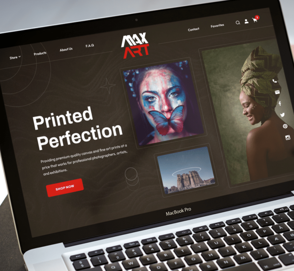A MacBook Pro displays a website with "MAX ART" logo and "Printed Perfection" text, featuring three art images.