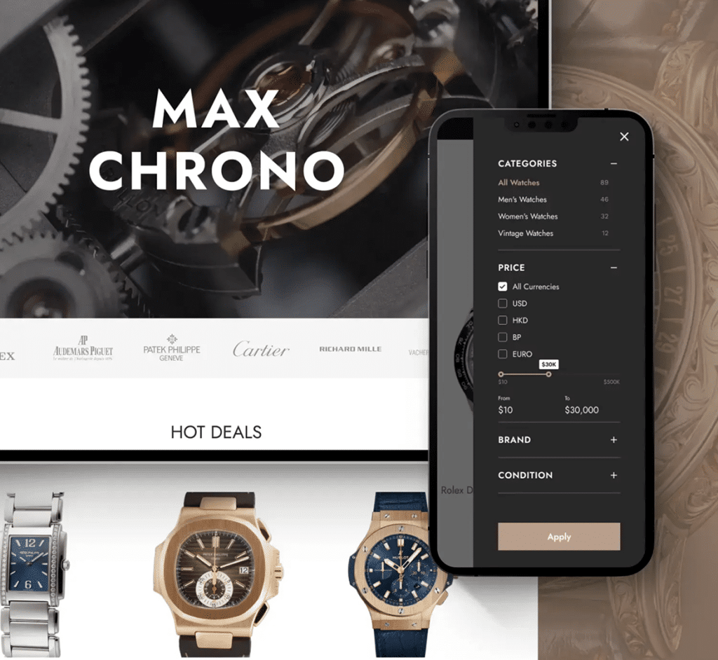 A website for "MAX CHRONO" displays luxury watches, with a phone showing filter options for categories and price.