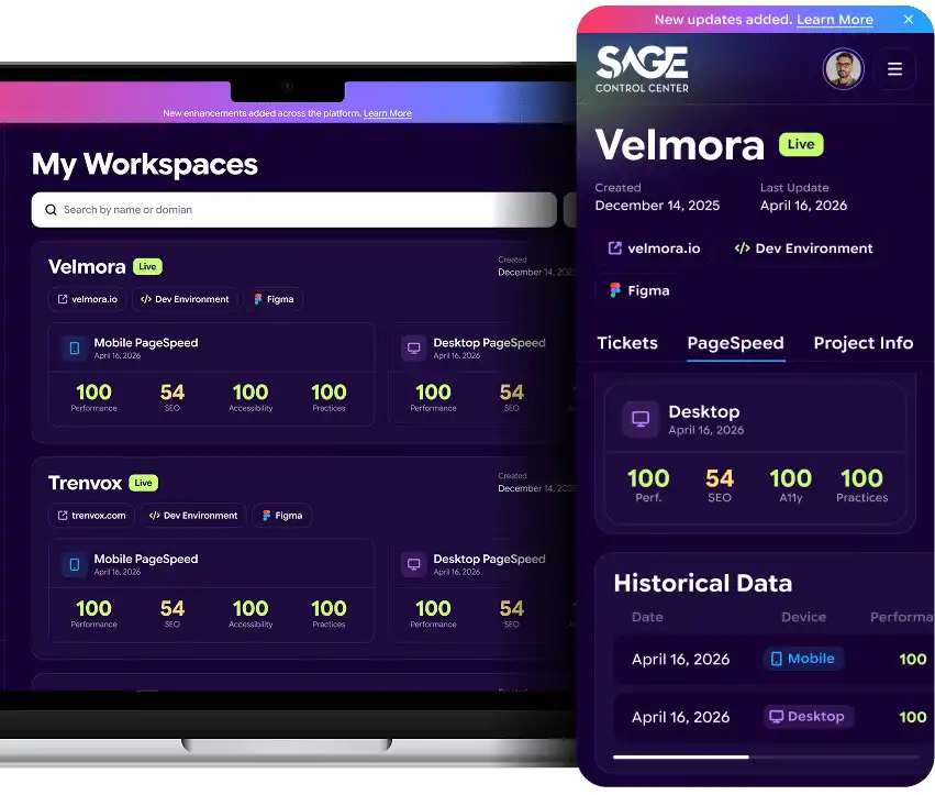 A laptop and phone display a "Sage Control Center" dashboard with "Velmora" and "Trenvox" project data.