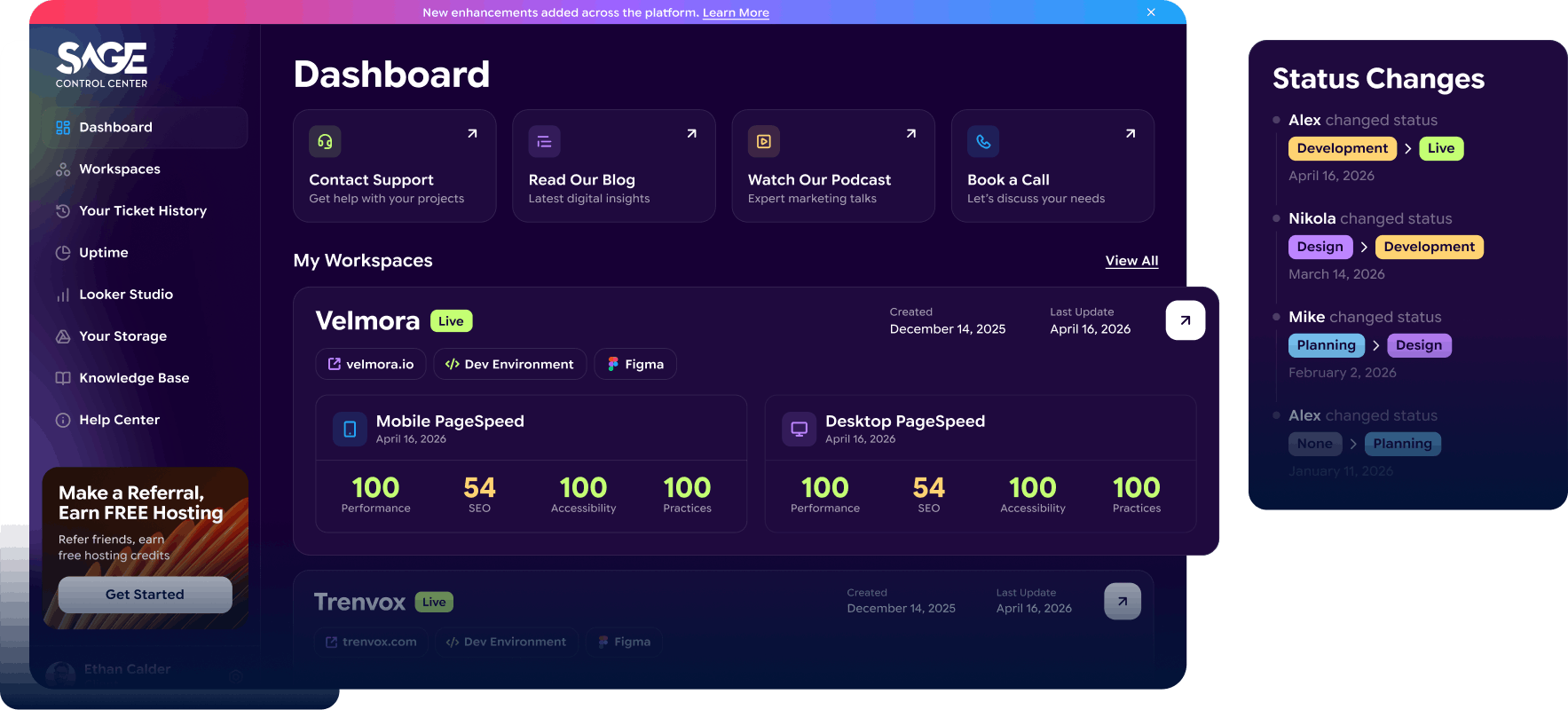 A dark purple "SAGE CONTROL CENTER" dashboard with "My Workspaces" and "Status Changes" panels.