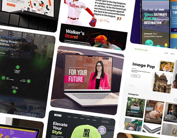 A collage of various digital screens displaying websites, ads, and a woman in a pink jacket with "FOR YOUR FUTURE."