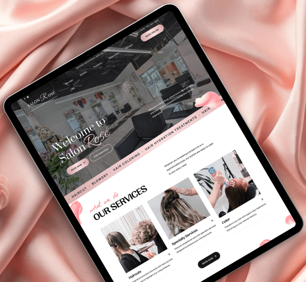 A tablet displays the "Salon Rosé" website with "Welcome to Salon Rosé" and "OUR SERVICES" on a pink satin background.