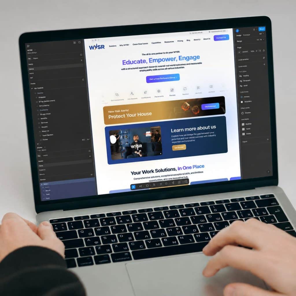 Hands type on a laptop displaying a website with "Educate, Empower, Engage" and "Protect Your House" sections.