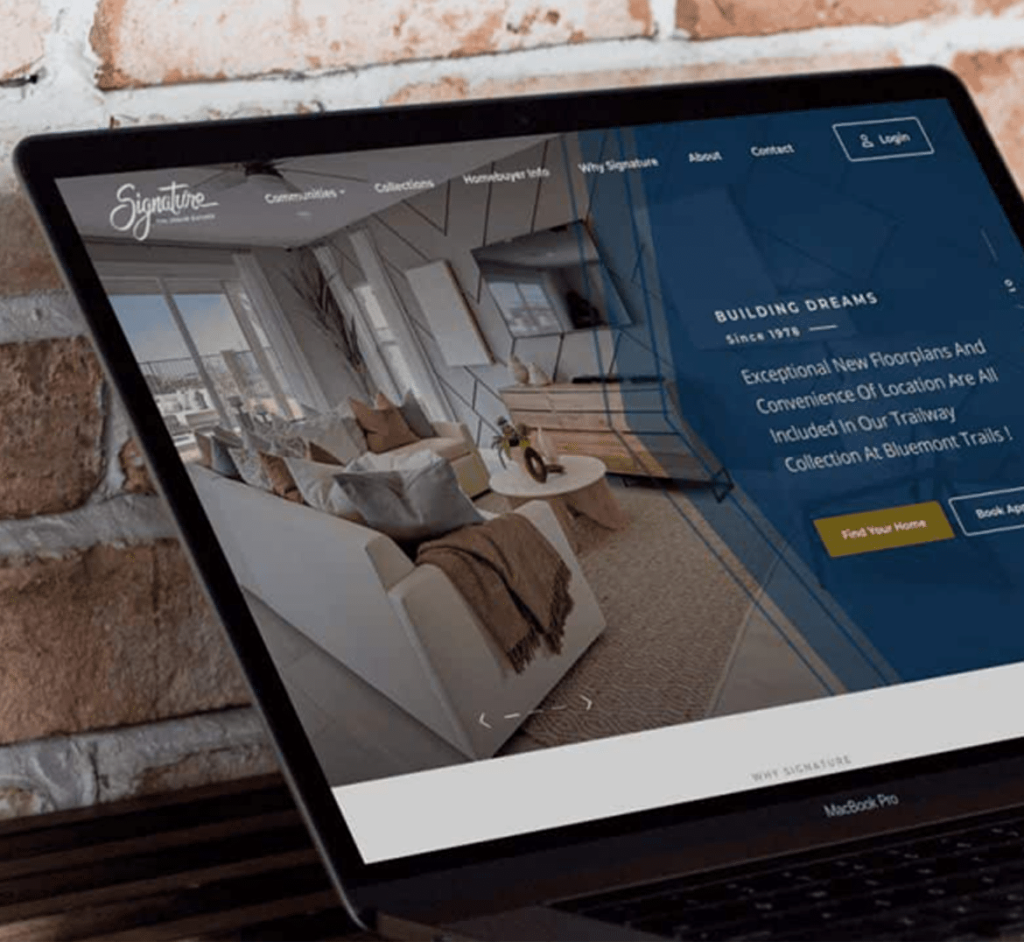 A MacBook Pro displays a website with "BUILDING DREAMS Since 1998" and a modern living room.