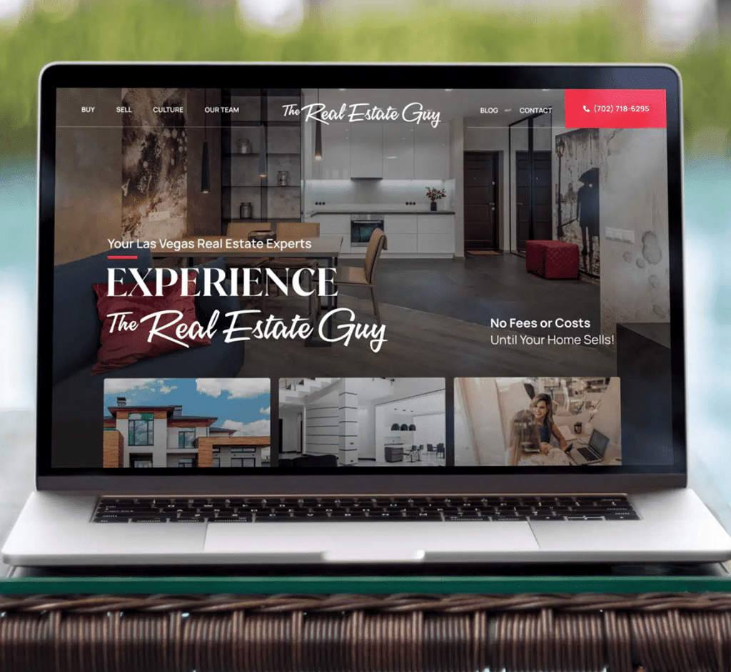 A MacBook displays a real estate website with "EXPERIENCE The Real Estate Guy" and various property images.