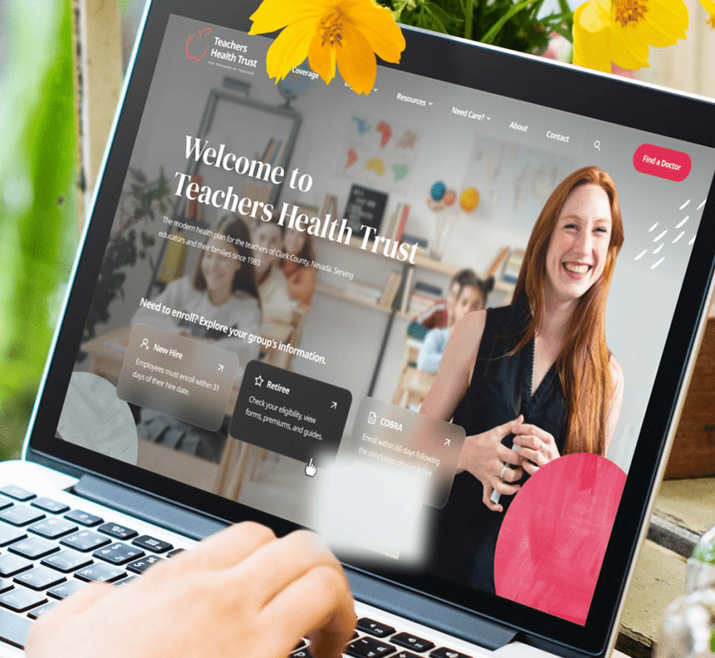 A laptop screen displays the "Welcome to Teachers Health Trust" website with a smiling woman and yellow flowers.