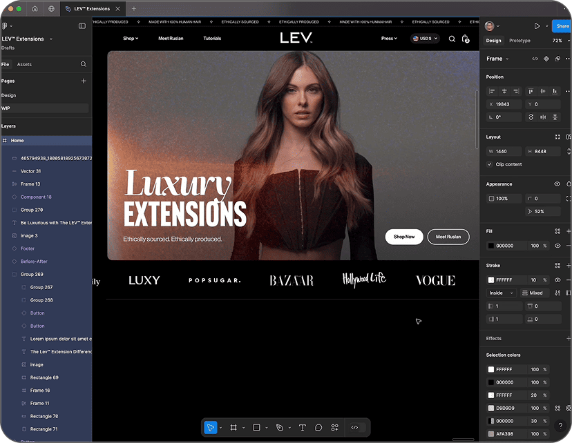 A Figma interface shows a website design with a woman and "Luxury EXTENSIONS" text on a dark background.