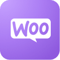 A purple square icon with rounded corners features a white speech bubble containing the word "Woo."
