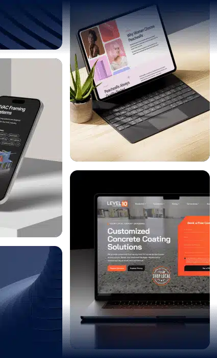 A tablet with "Why Women Choose PeachesRx" on the screen, a phone, and a laptop with "Customized Concrete Coating Solutions" on the screen.