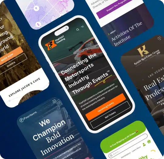 A smartphone displays "Connecting the Motorsports Industry Through Events" surrounded by other app interfaces.