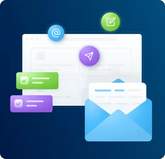 A white browser window with an email icon, paper airplane icon, and two checklist boxes, plus an open envelope.